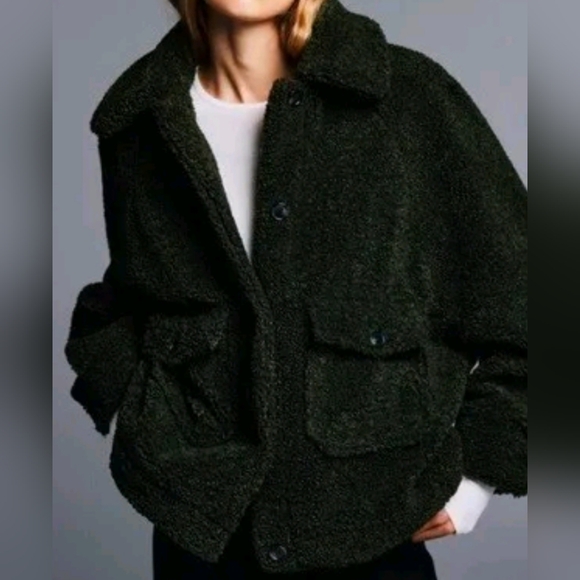 ZARA Jackie Army Green Oversized Teddy Faux Sherpa Cropped Jacket/Coat Women's M - Picture 2 of 12